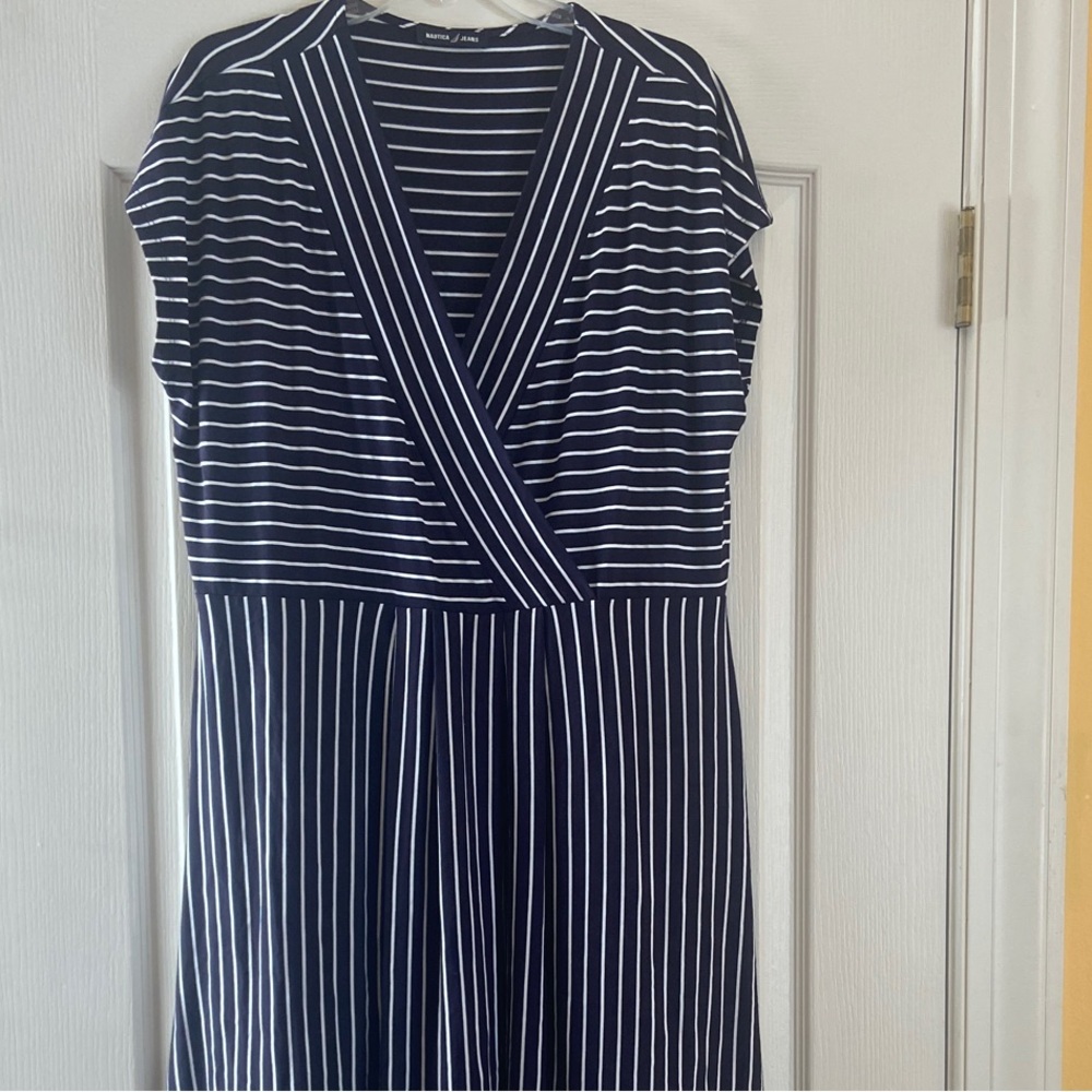 Nautica Blue and White Striped Midi Dress